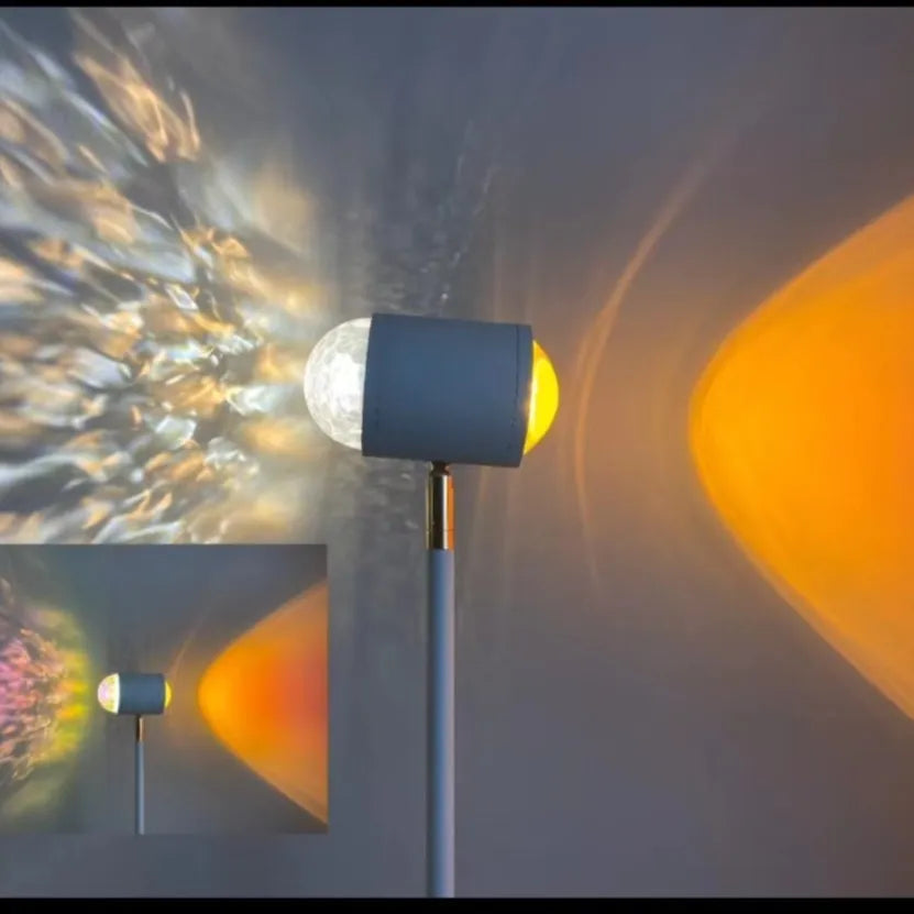 Modern water wave projection floor lamp in sunset red with four colour cards on a living room floor