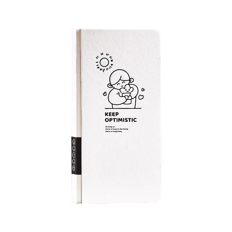 Small white paper notebook with plaid pages, mesh cover, and a pair of decorative stickers.