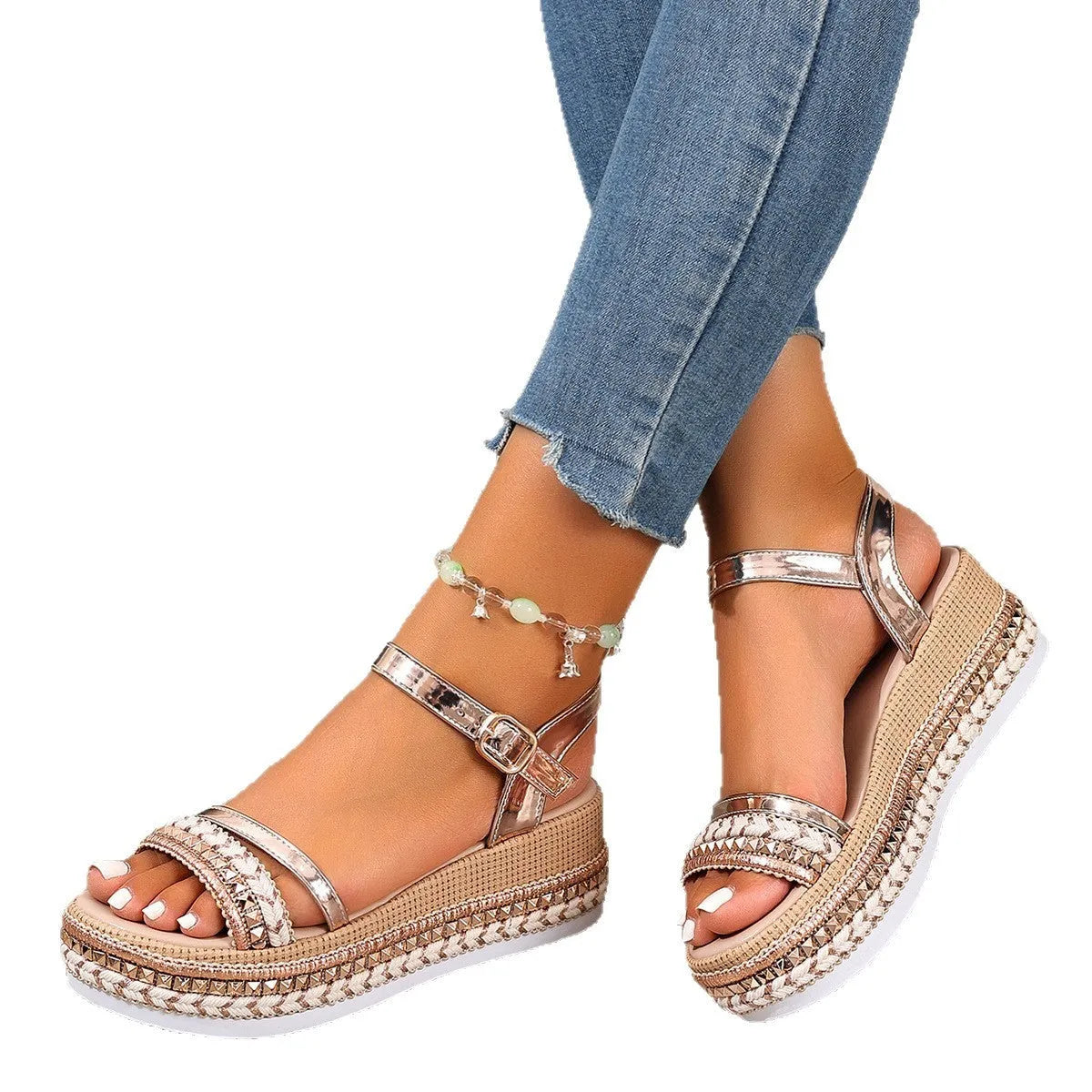 Gold woven women's wedge sandals with round toe on size chart showing 36-42