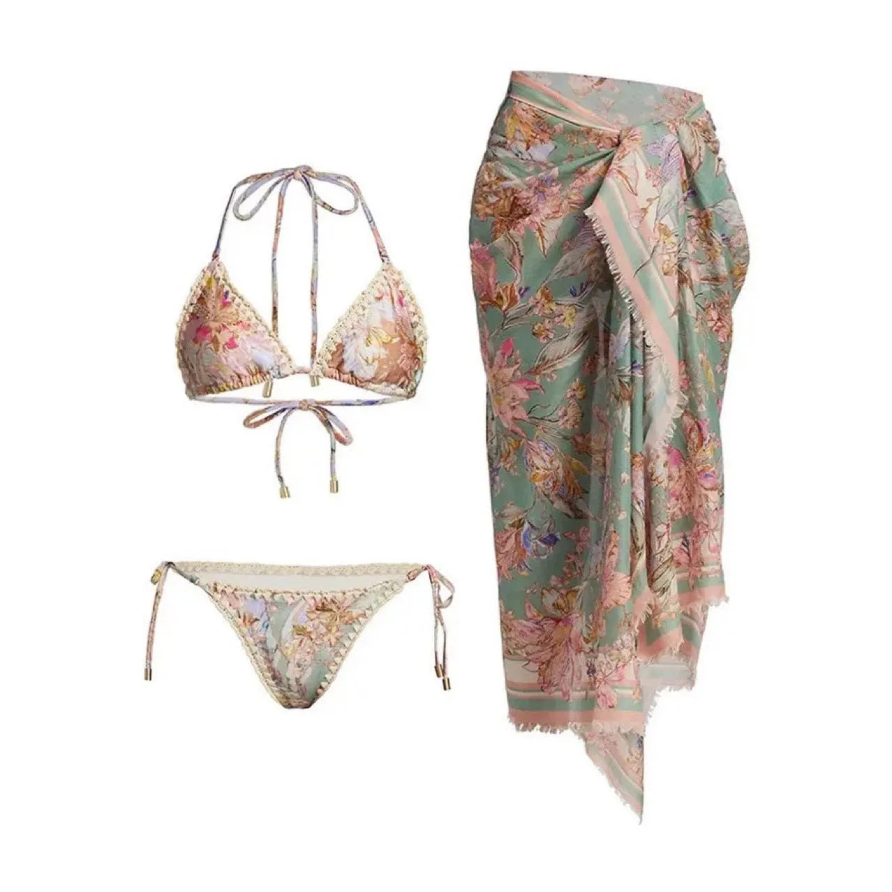 Women's floral pattern bikini set with skirt in creamy-white beige colour