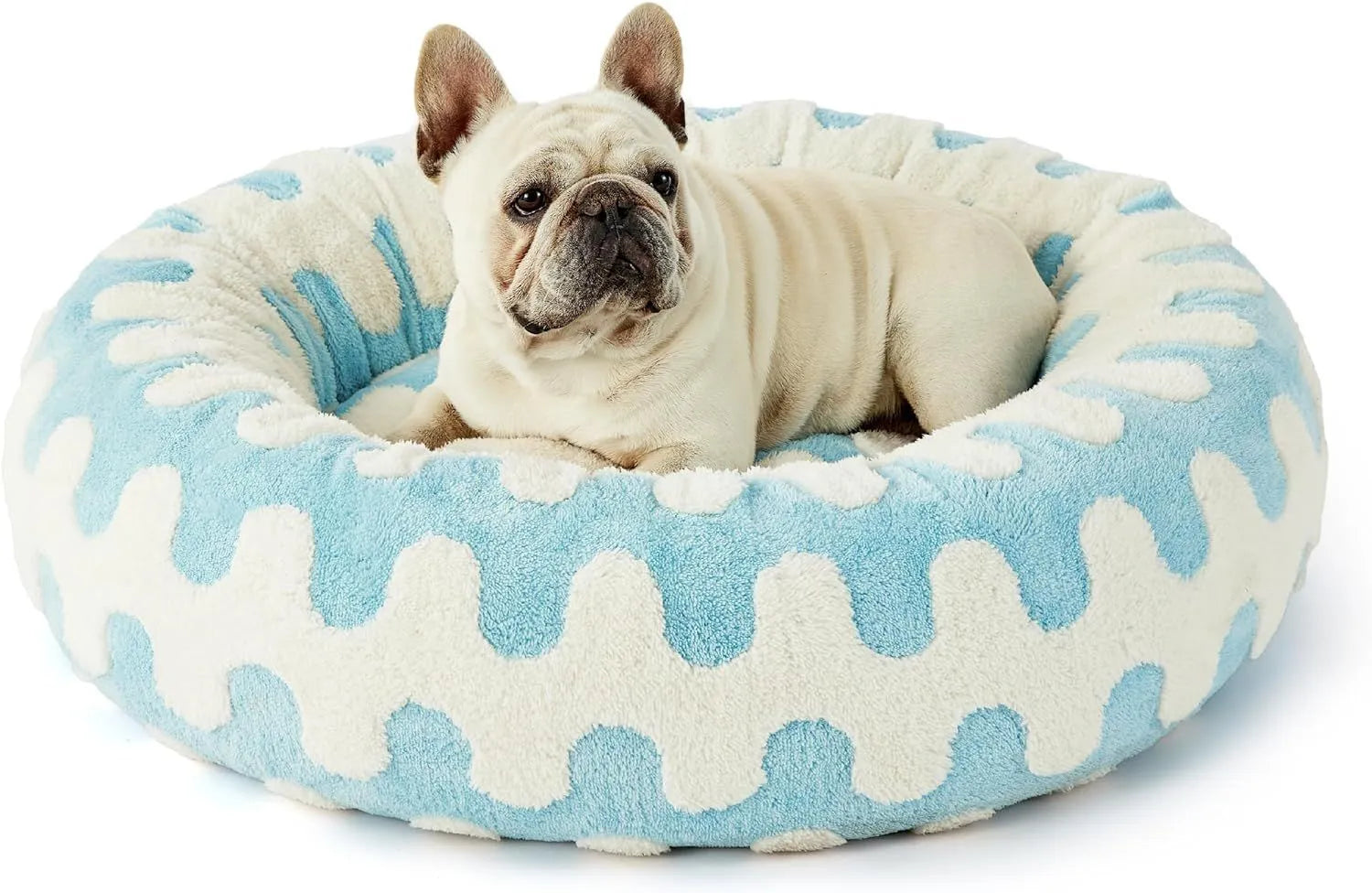Round plaid dog bed with raised sides on a plastic base, shown in a sea blue and white colour.