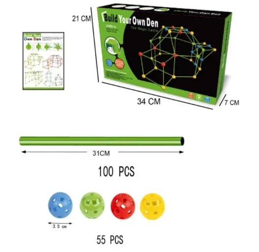 Luminous plastic fort building kit for kids with connecting sticks, balls, and storage bag.