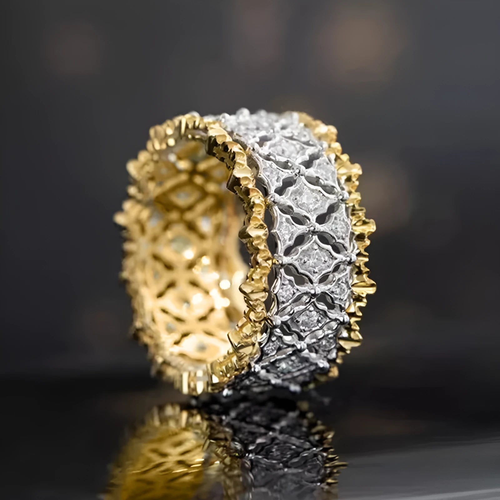 Geometric women's copper ring with a round zircon stone in a two-tone electroplated finish.