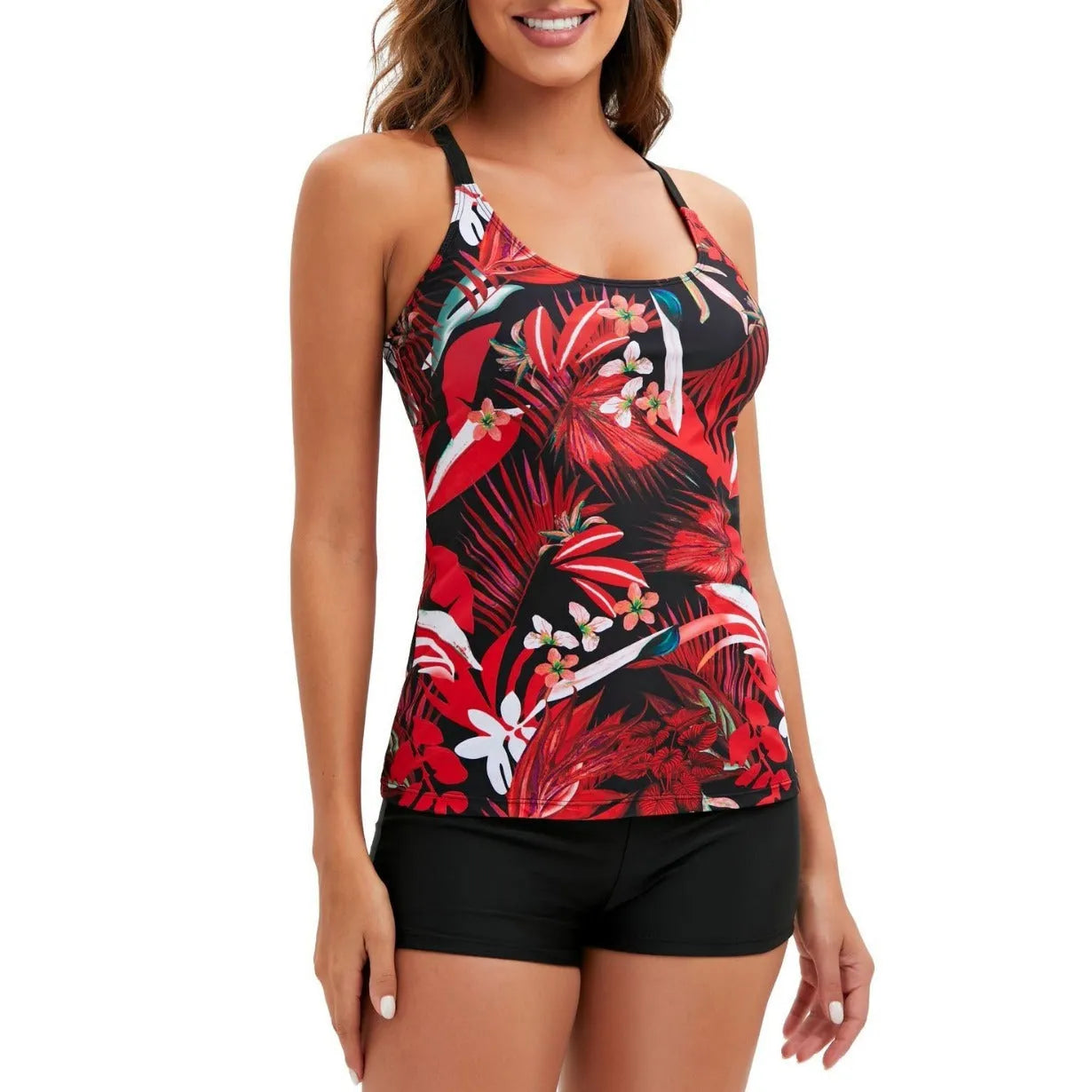 Women's high-waist split swimsuit with floral print in green, quick-drying polyester, sleeveless design, size S-5XL