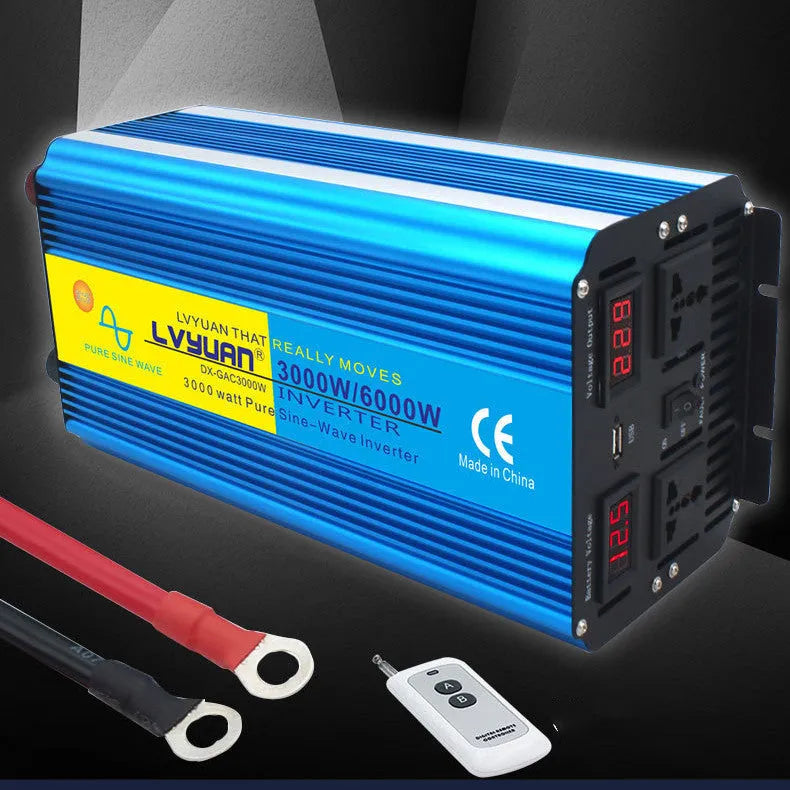 Blue 3000W 12V to 220V pure sine wave car power inverter with digital display and UK plug socket.
