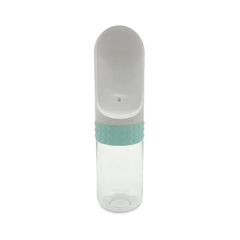 Portable dog water cup in blue with one-click lock and attached drinking bowl, made of food-grade ABS plastic