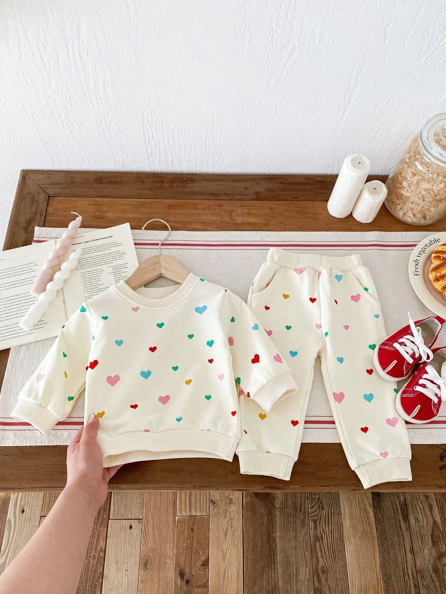 Baby cotton two-piece suit with coloured loving heart pattern in pullover style for 73-110cm