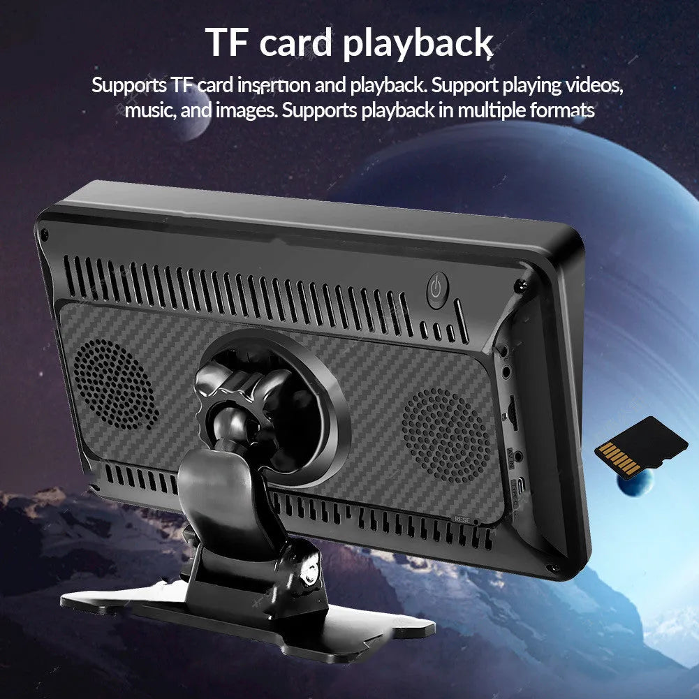 7-inch portable car MP5 player with wireless CarPlay, suction cup mount, and standard fisheye reversing camera