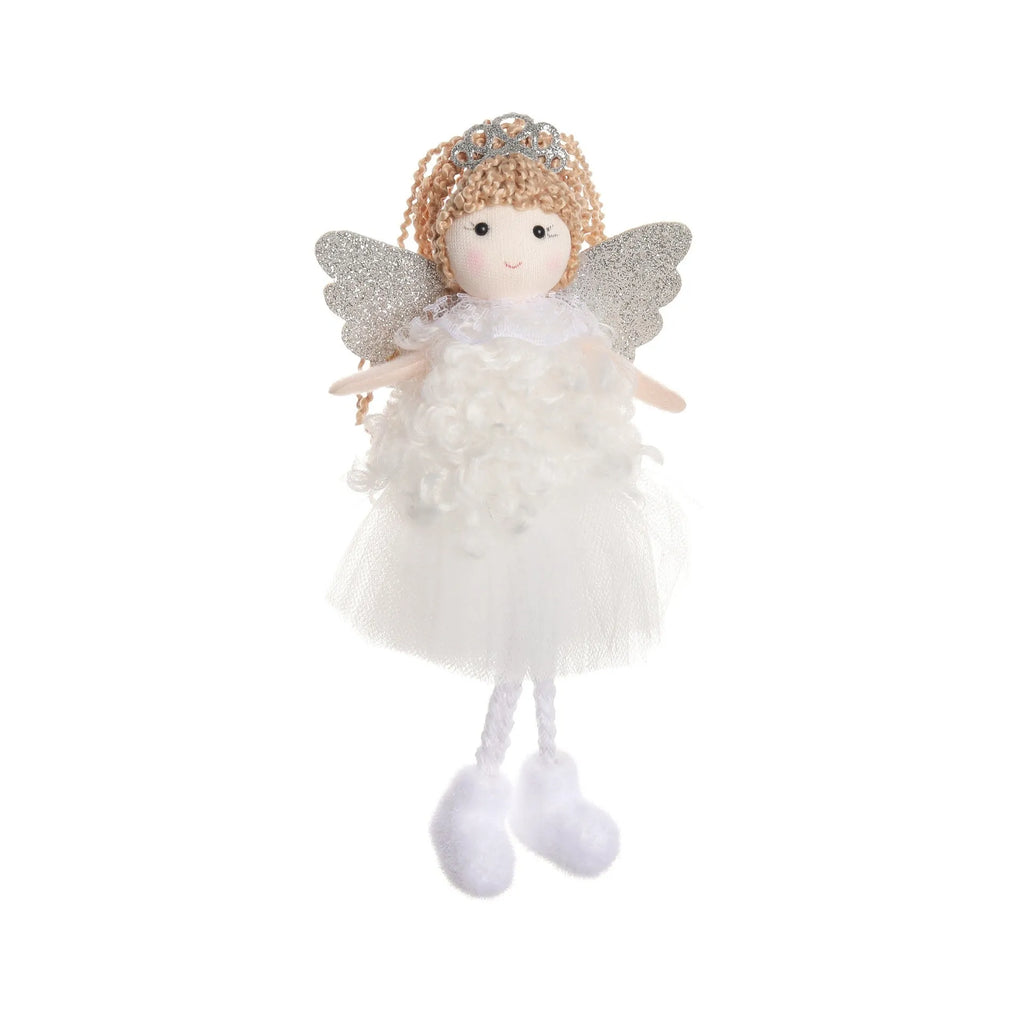Cartoon-style Christmas angel fabric hair pendant on a girl's high ponytail.