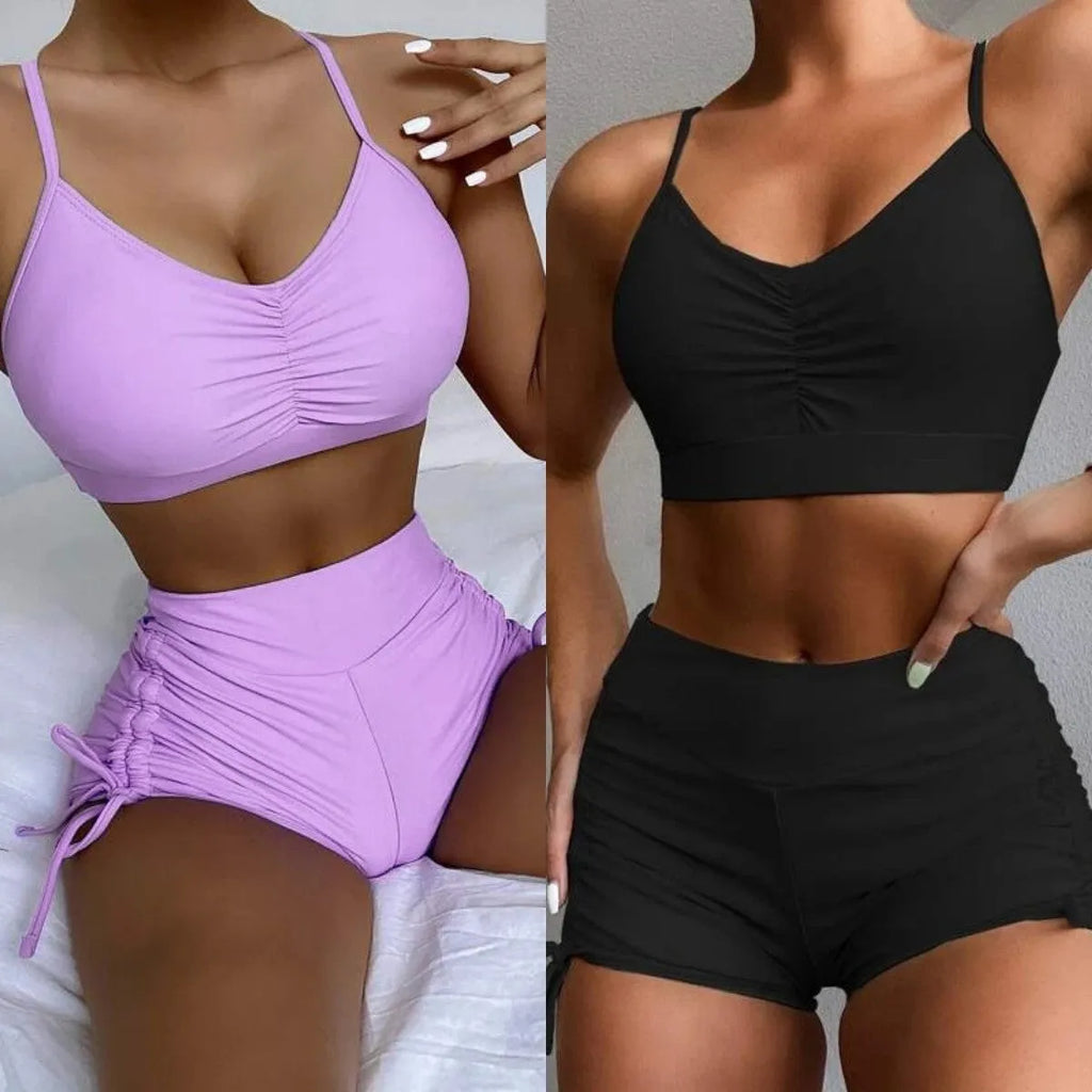 Women's high waist split bikini swimsuit in black or purple, made from nylon and spandex.