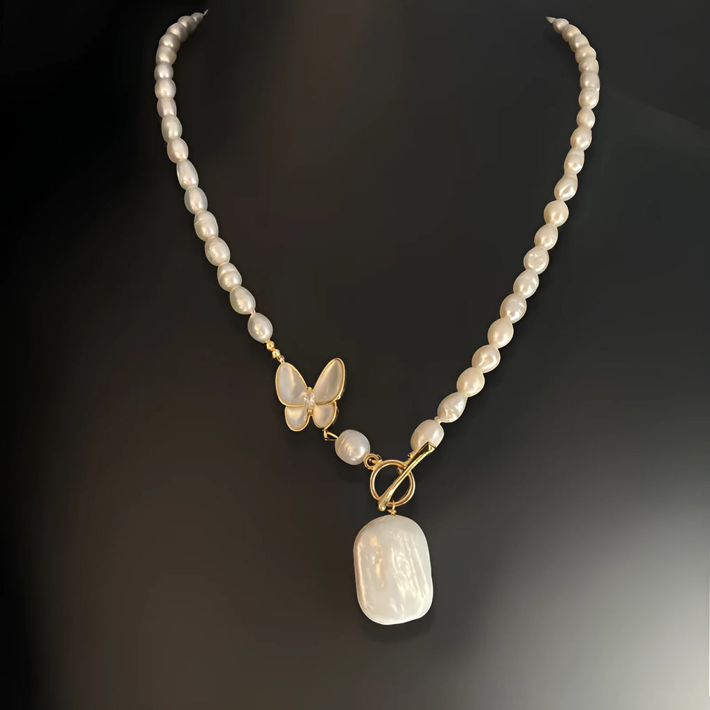 Women's fashion OL butterfly pearl necklace with U-shaped pearl chain in pearl white, 50cm circumference