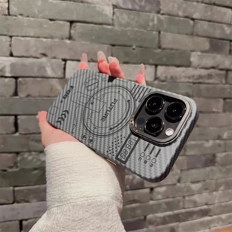 PC phone case with carbon fiber grain texture, Graphite Black colour, magnetic ring visible, for iPhone series.