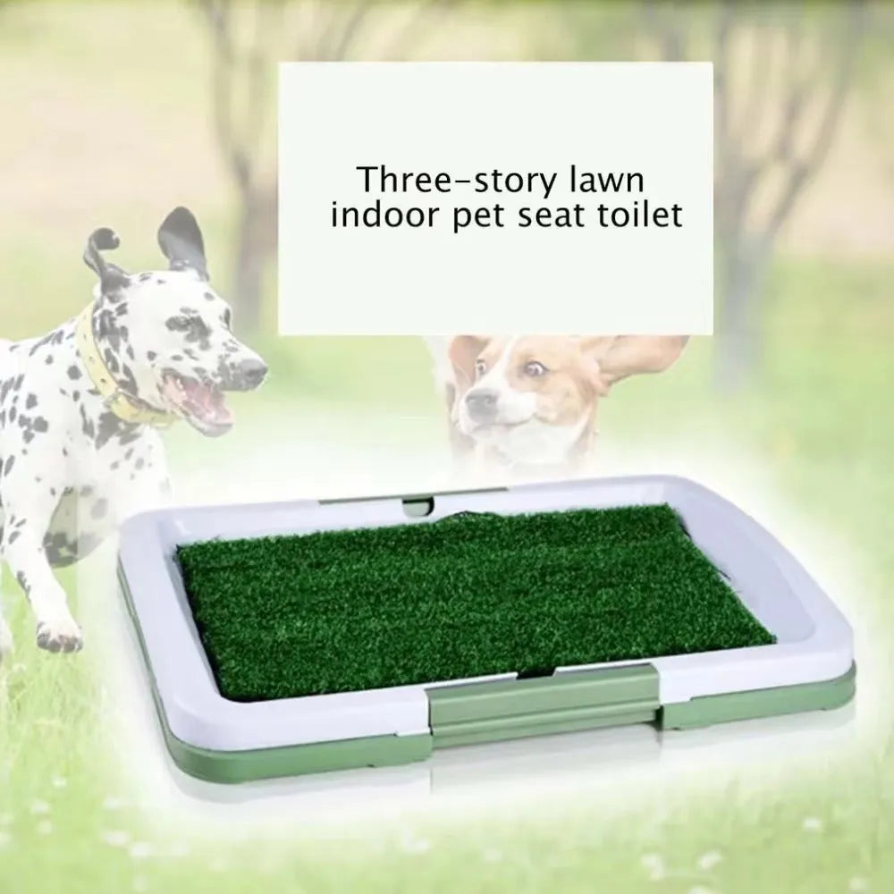 Green artificial grass pet toilet tray with three layer construction for indoor puppy training