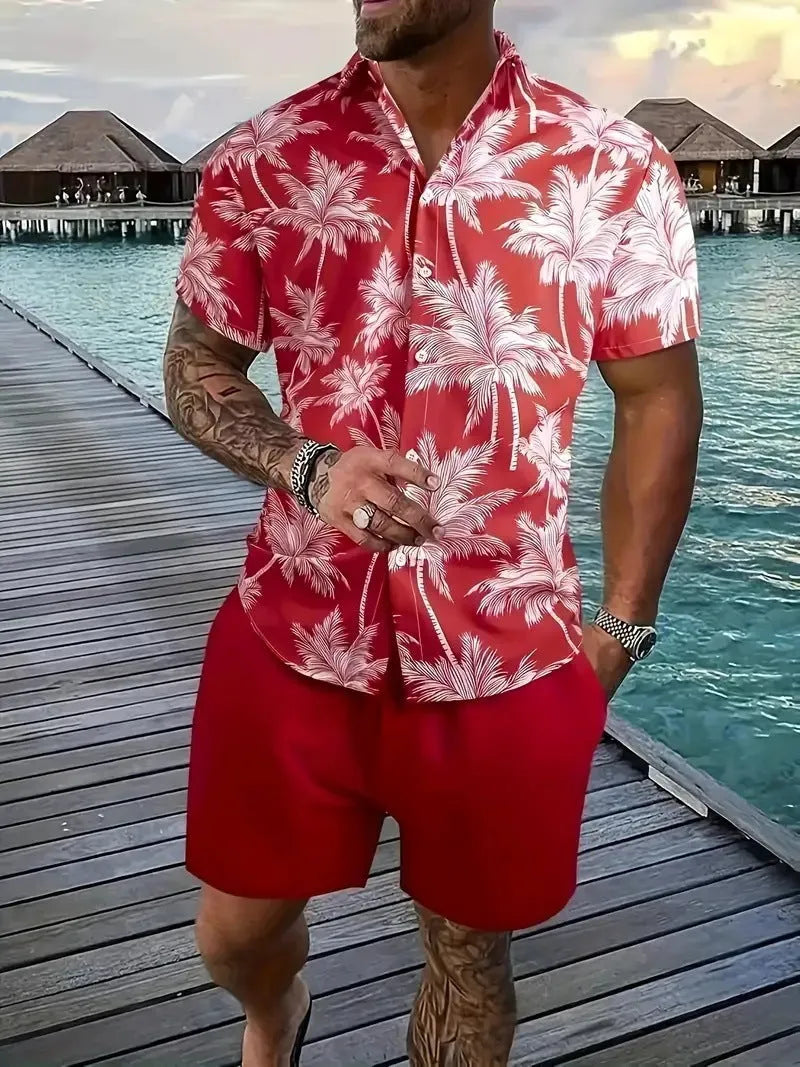 Men's printed Hawaiian style short sleeve shirt and matching shorts co-ord set on a hanger.
