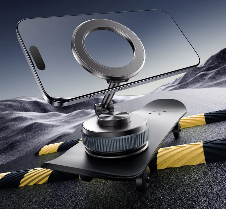 Car navigation suction cup folding mobile phone bracket in black and silver on dashboard