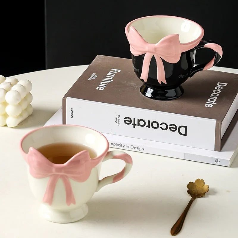Ceramic mug with girl heart bow design in white powder or black pink colour, 301-400ml capacity
