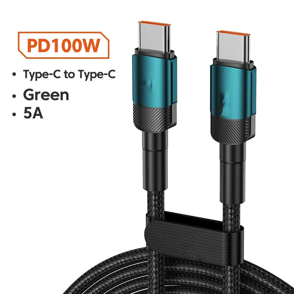 Aluminium alloy USB C fast charge cable with woven braiding in blue colour showing connector detail
