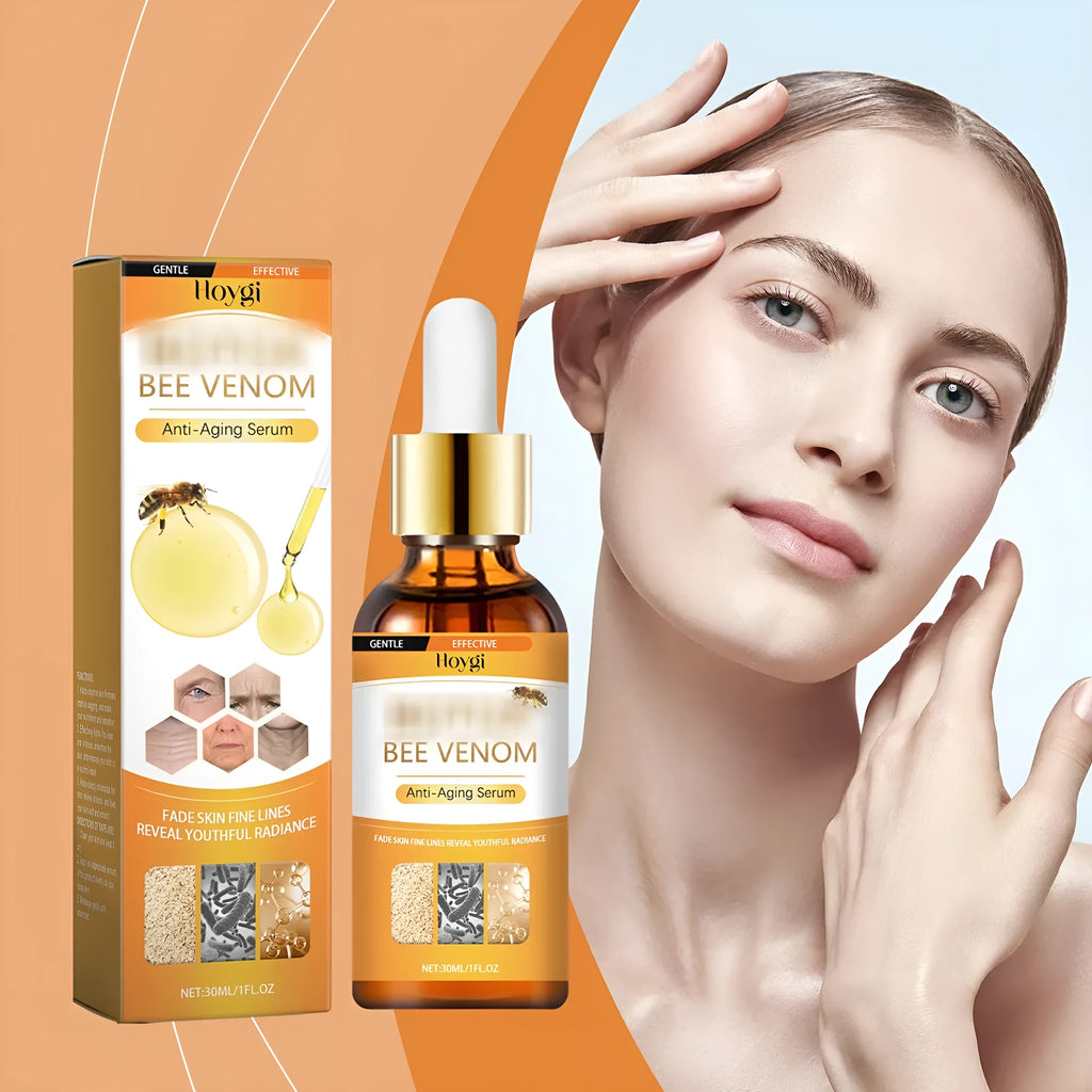 30ml bottle of clear anti-aging facial serum with hyaluronic acid and bee venom in dropper packaging