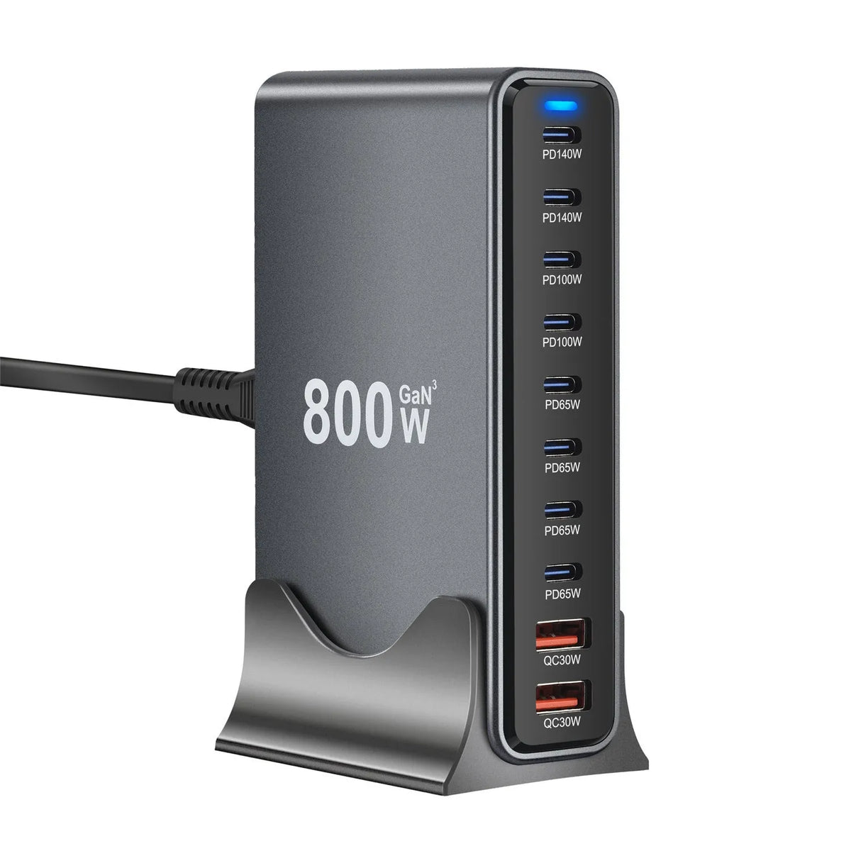 Silver gray 800W gallium nitride multifunctional PD desk charger with 140W total output and USB interface