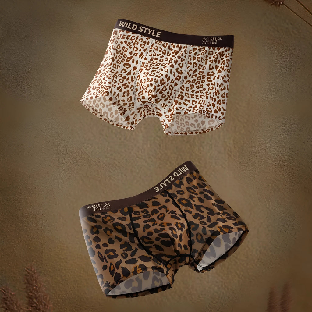 Men's leopard print ice silk underwear in polyester fabric with mid waist design