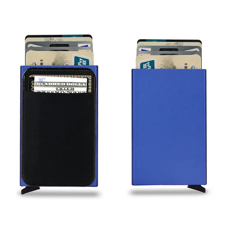 Frosted aluminium alloy metal credit card holder in multiple colours showing slim profile.