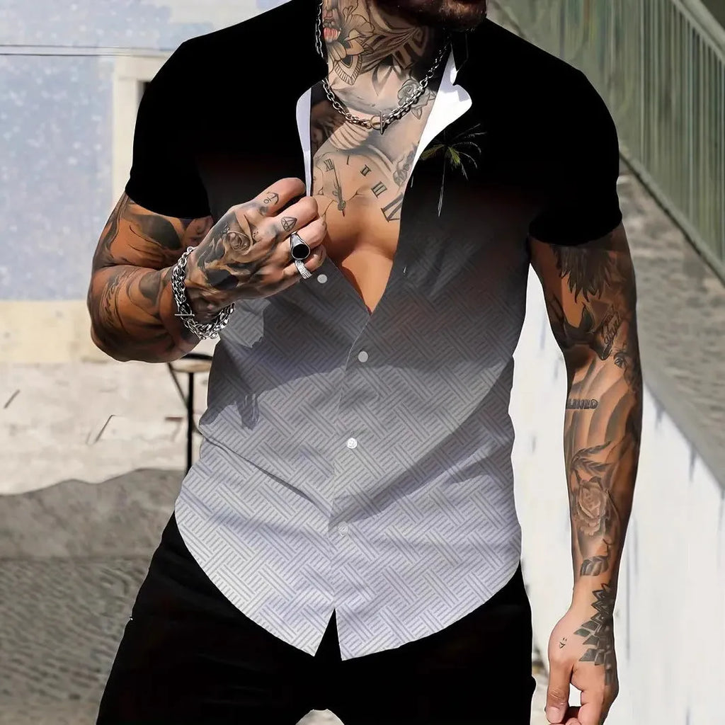 Men's slim fit geometric print short sleeve shirt with lapel collar on a hanger.