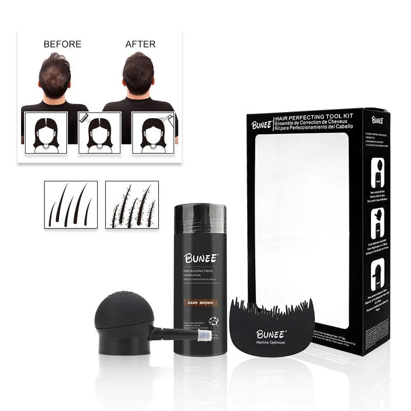 Boxed dense hair fibre powder three-piece set for thinning hair coverage with applicator brush