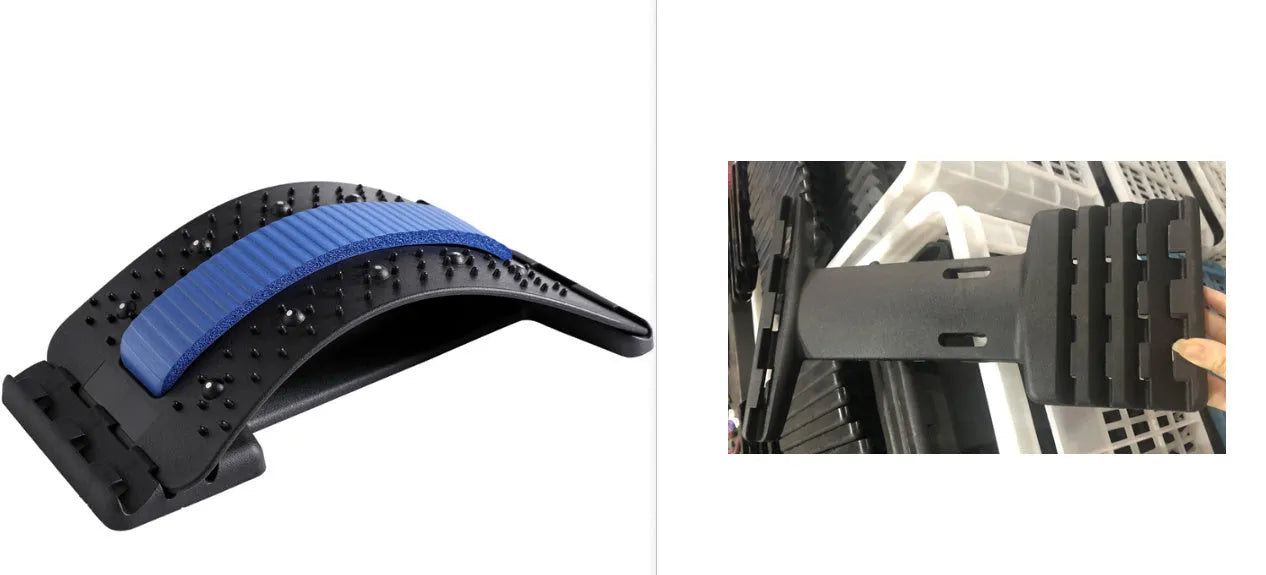 Adjustable manual back stretcher massager with multiple massage heads in a rectangular trapezoid shape.
