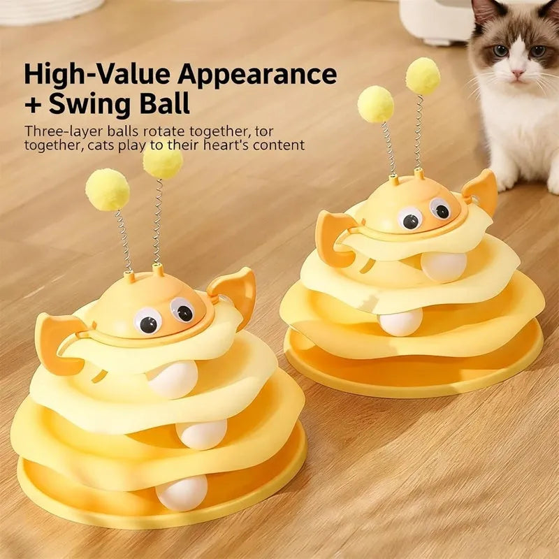 3-layer cat toy tower with rotating bee on top, green tracks and base, for kittens and adult cats
