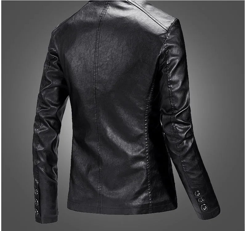 Slim fit PU leather short style spring jacket for men with suit collar and zipper in black front view