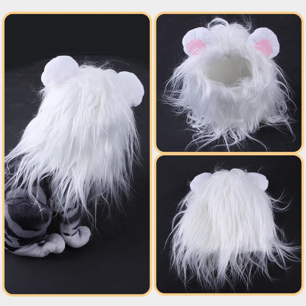 Black and white lion wig headgear for a cat, showing the soft polyester mane and elastic strap.
