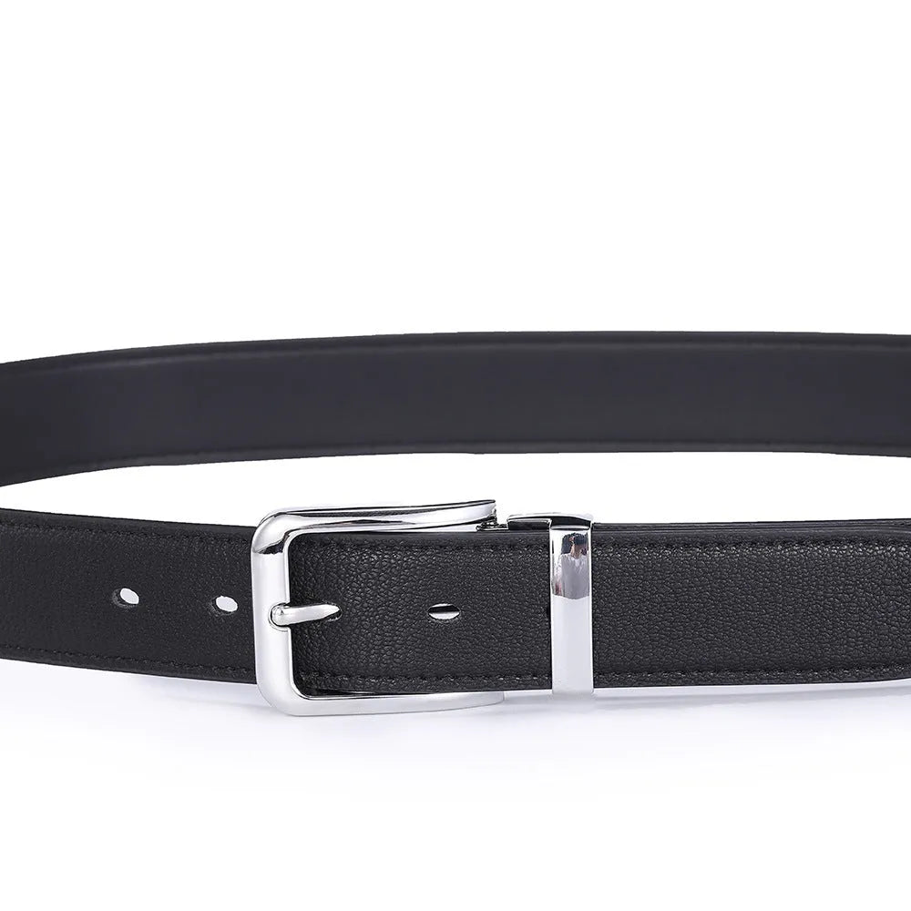 Men's brown leather belt with an alloy pin buckle showing embossed water pattern design.