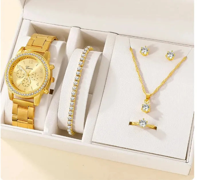 Women's casual quartz watch suit with alloy case and jewellery set in silver rose gold gold