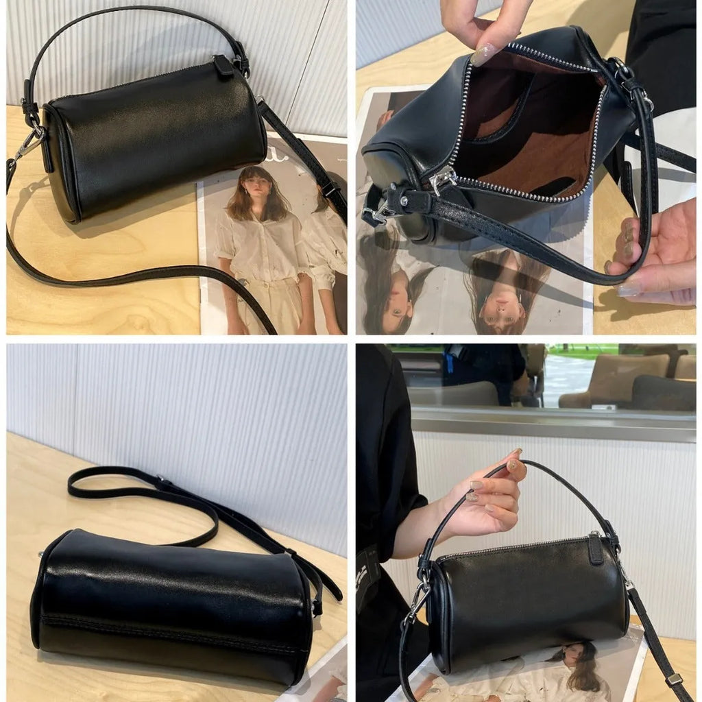 Cylindrical crossbody phone bag in soft genuine leather, shown in one of six colours including black or brown.