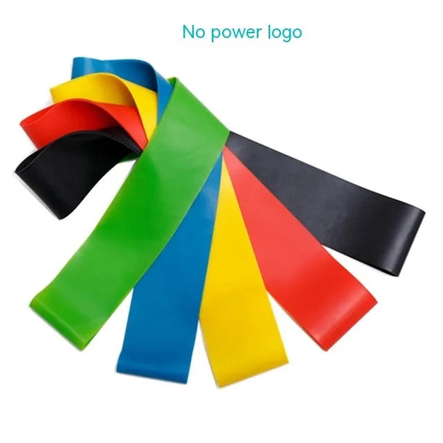 Five colour-coded yoga tension straps in green, blue, yellow, red, and black with force marks
