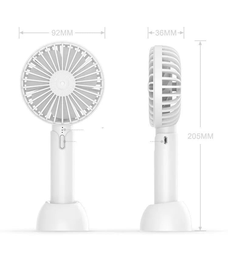 Blue handheld portable mini fan with USB cable, three-speed buttons, and shaking head design on desktop