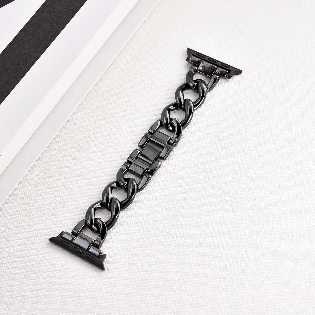 Metal denim chain Apple Watch strap in silver, black, gold, rose gold, and Starlight colours showing textured design