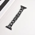 Metal denim chain Apple Watch strap in silver, black, gold, rose gold, and Starlight colours showing textured design
