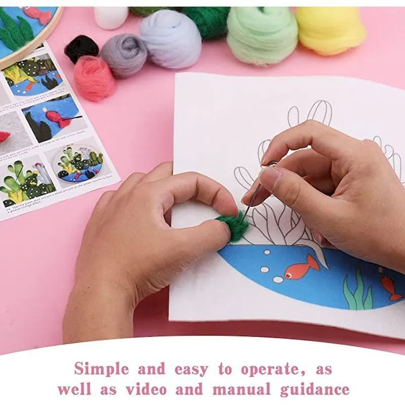 Round fabric embroidery decoration kit with linen material, wool felt, and free frame for three-dimensional blanket painting