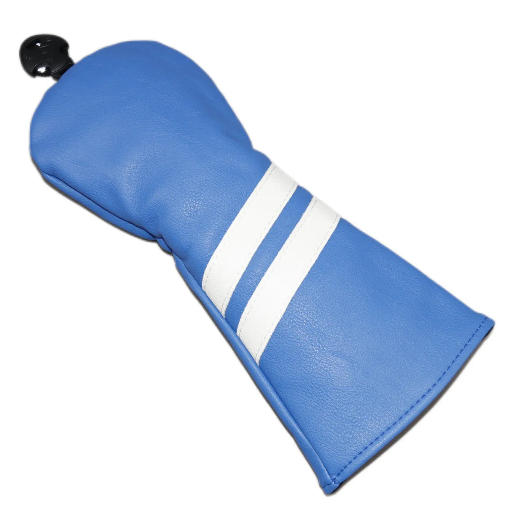 A blue golf club head cover with two white diagonal stripes, shown next to a golf wood.