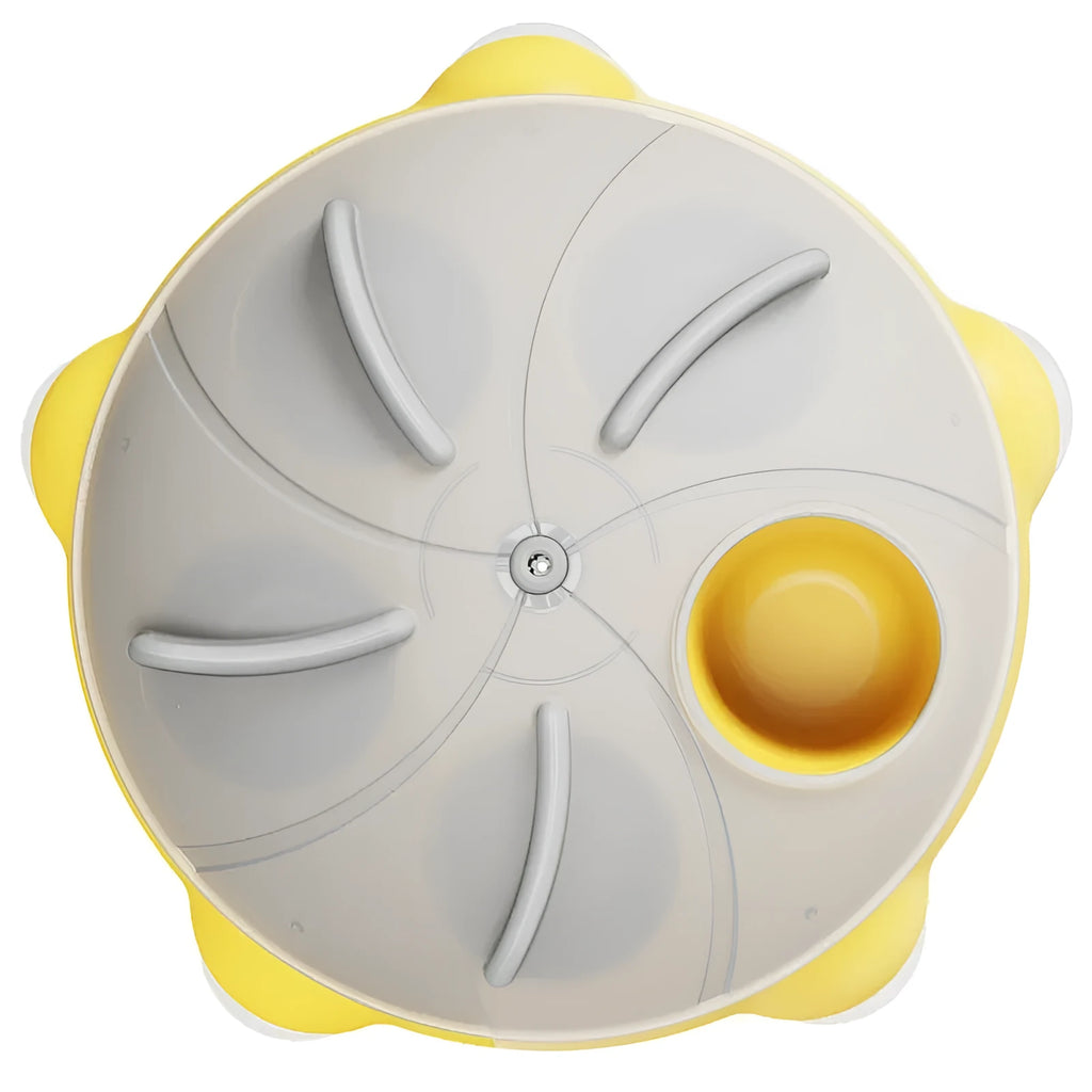 Yellow cat food puzzle toy with five compartments for slow feeding