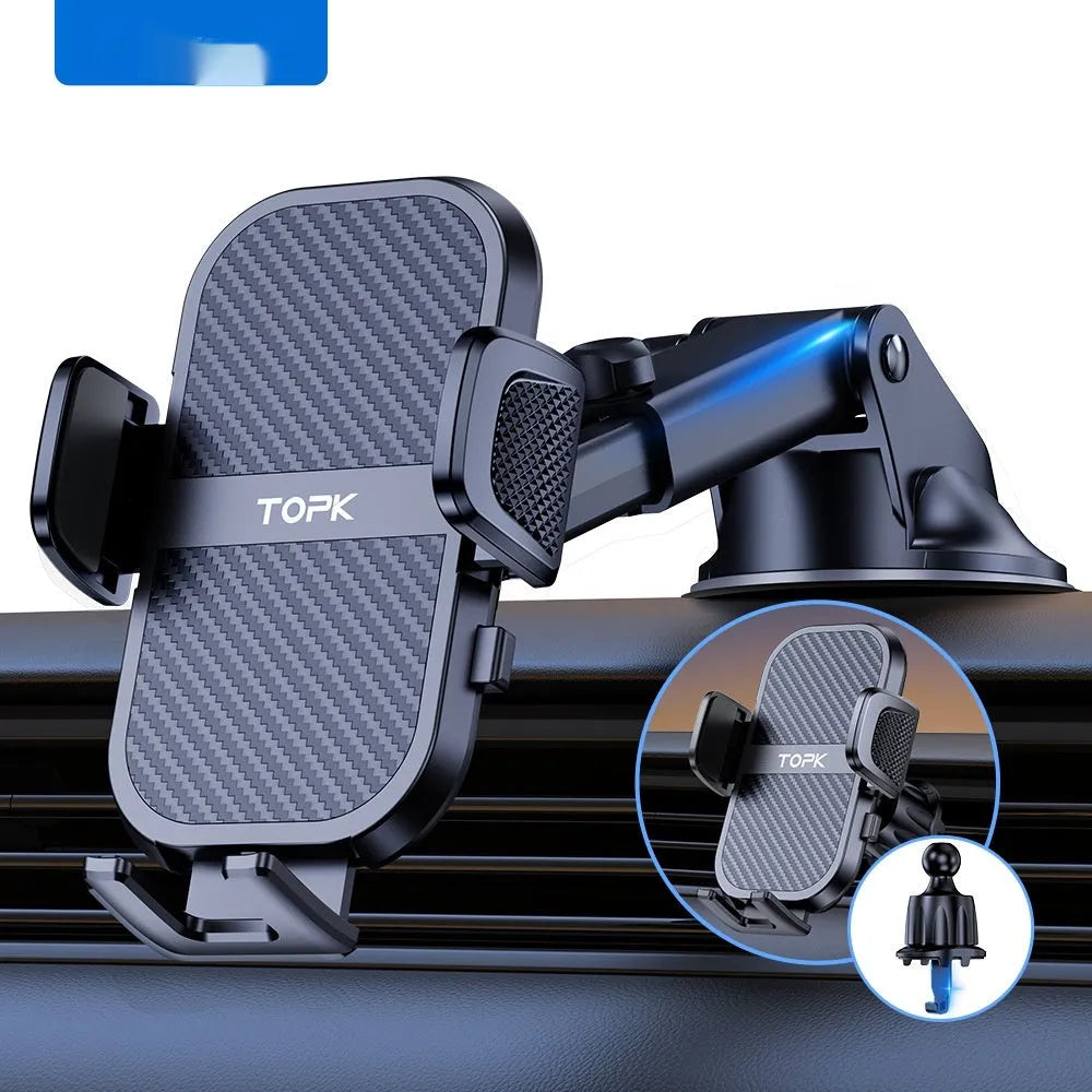 Universal car phone holder showing five different mounting bracket styles for windshield, dashboard and air vent installation.