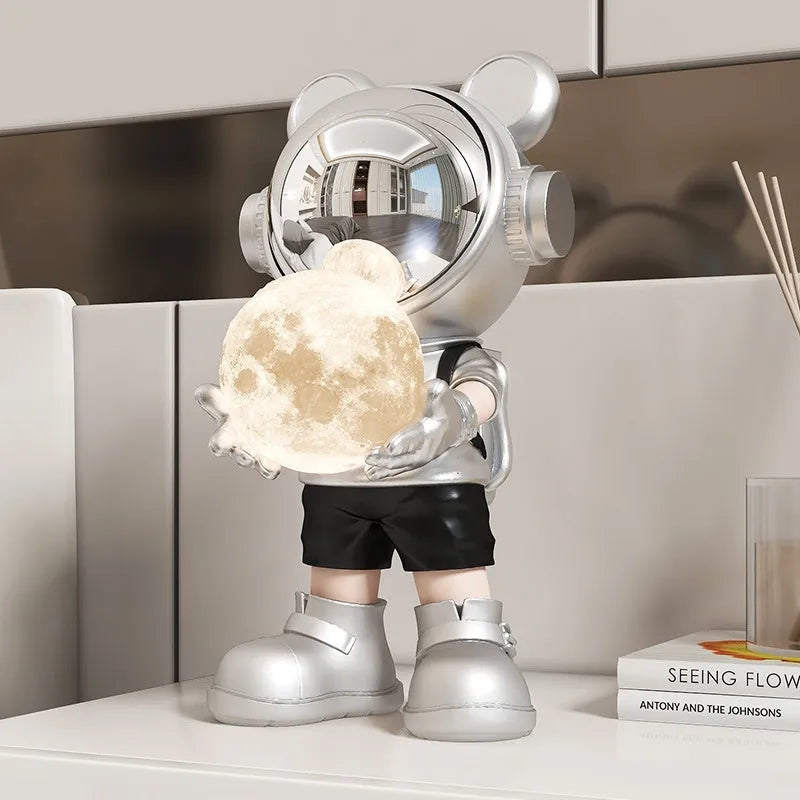 Resin desktop space bear moon night light decoration in gold with silver astronaut mask