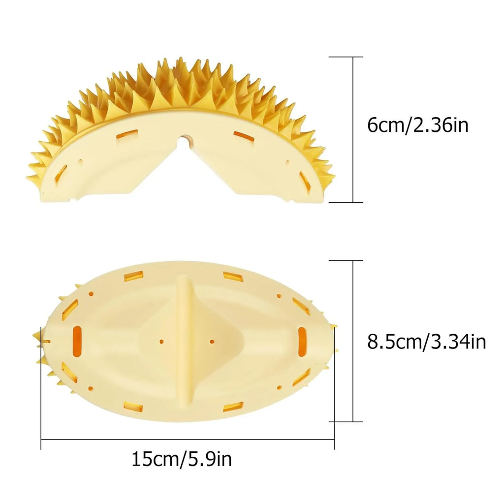 Yellow durian-shaped cat corner scratcher with grooming comb attached to a wall.