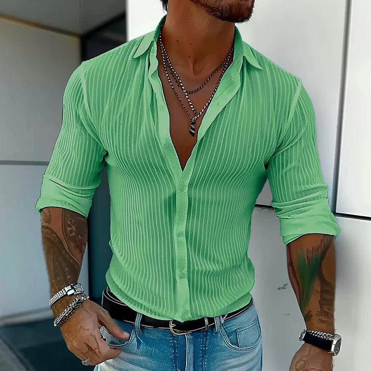 Men's striped British style cardigan shirt with long sleeves in polyester blend fabric