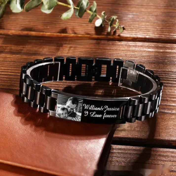 Men's stainless steel lettering bracelet with curved heart shape in black or grey electroplated finish