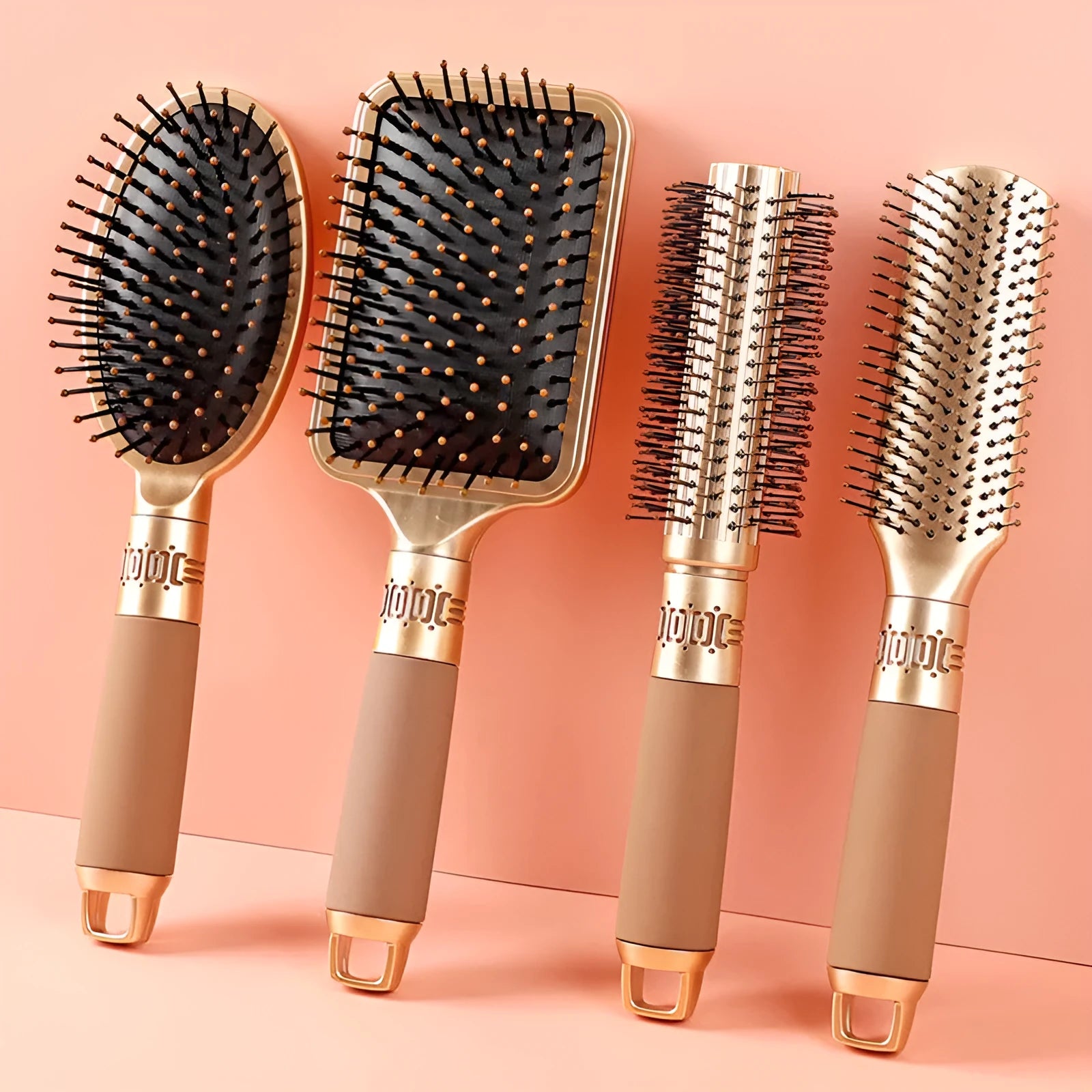 Brown ABS airbag comb with oval head and cushioned base for scalp massage