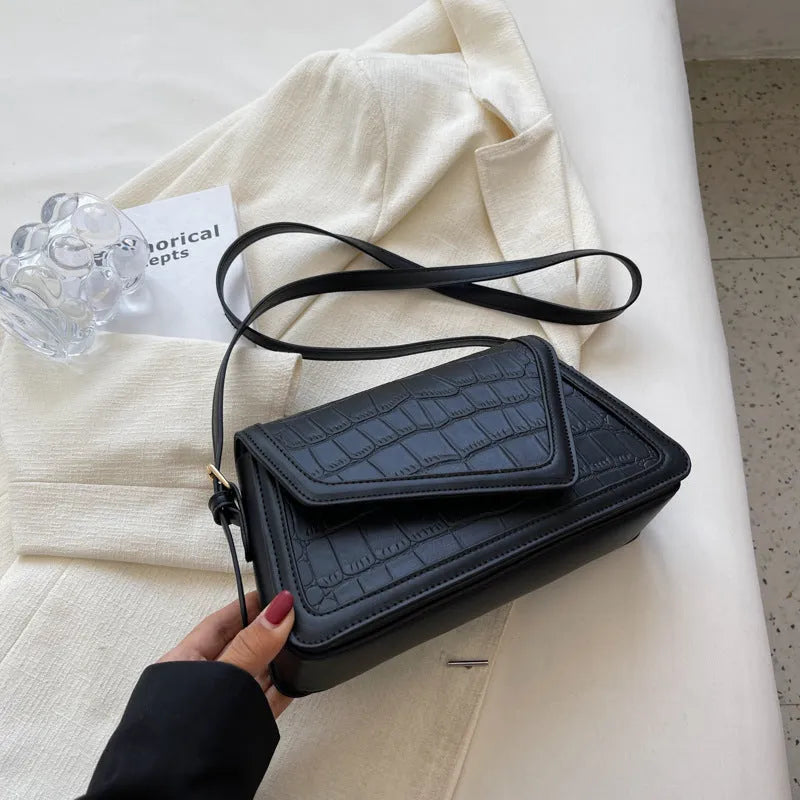 Stone pattern square PU leather one-shoulder bag in horizontal rectangle shape