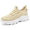 Women's Flyknit sneakers with thick PVC sole in beige colour showing lace-up front and round toe design