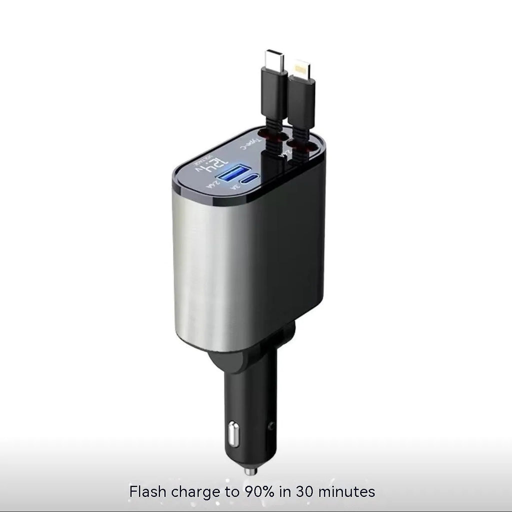 Automatic retractable 120W car charger with one-to-four USB ports and cigarette lighter plug.